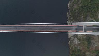 <strong>百度</strong>悬架桥Hardangerfjord通过车挪威空中垂直自顶向下视图无人机飞行横盘整理
